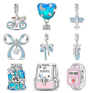 Copper Silver Plated Daily Life Sweet Themed Blue Pink Enamel CZ Charm <b>Beads</b> <b>Set</b> Fit European Bracelet - Product Image 1