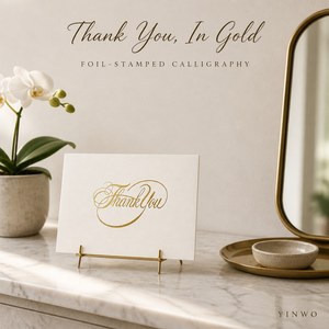 Biglietto di ringraziamento in lamina d'oro, biglietti di auguri personalizzati con calligrafia, biglietti personalizzati con taglio sagomato, regalo di nozze, vendita all'ingrosso. - Product Image 1