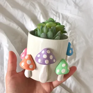 Hand Painted Resin Flower Pot Color Mushroom Green Plant Pot With Hole Succulent Potted Planter For Office Desktop Decor