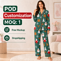 Ensemble de pyjamas de Noël personnalisés en polyester vert forêt avec col cranté, motif Père Noël et bonhomme de neige, pour toute la famille, livraison directe, MOQ 1 pièce