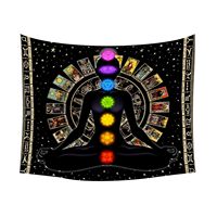 Tapisserie murale en polyester avec motif de figurine méditant noire, tarot et chakra, impression HD, résistante à la décoloration, vente en gros