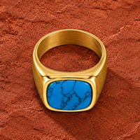 Bague Chevalière Bohème JLM pour Homme, Plaqué Or 18K, Turquoise, Acier Inoxydable, Pierre Bleue Taille Coussin, Vente en Gros de Bijoux
