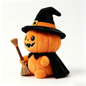 Poupée en peluche visage de citrouille d'Halloween, motif chauve-souris, chapeau de sorcière et balai, décoration de table, cadeau - Product Image 3