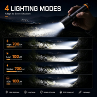 Lampe torche LED 700lm en alliage d'aluminium, portée 710m, rechargeable USB, étanche IP65, pour camping, OEM ODM, moule gratuit, vente en gros, 44 ans d'expérience en usine