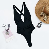 XCXSM-S2026 Maillot de bain bikini sexy dos nu pour femme en tissu recyclé, coupe haute, décolleté en V profond