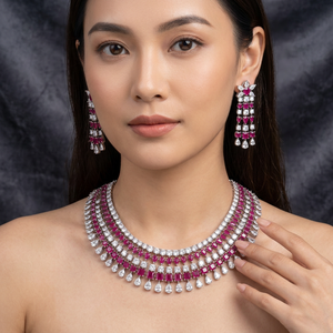 Brass Rhodium Plated <b>Ruby</b> Pink White Zircon Bridal Choker <b>Necklace</b> Earrings Set Custom Size Bollywood Style Indian Wedding Party - Product Image 1