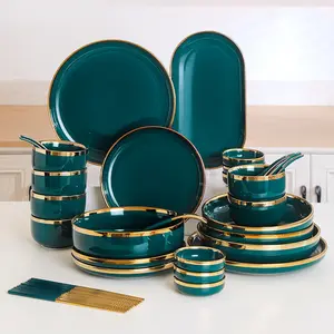 Vajilla de cerámica personalizada para el hogar, juego de vajilla de porcelana para restaurante, color verde, Negro, Rosa y blanco