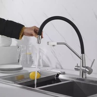 Robinet de cuisine moderne 3 voies avec sortie d'eau filtrée, en acier inoxydable SUS304, bec flexible en silicone noir, pulvérisation extractible, montage sur plan de travail