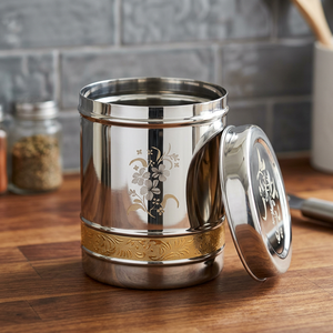 Stainless Steel <b>Food</b> Container Round Airtight Metal Storage <b>Jar</b> With Oriental Design Pattern set of 2 - Product Image 4