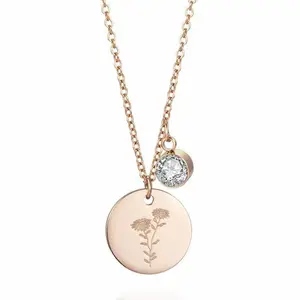 Colgante de disco de moneda de acero inoxidable para mujer, abalorio personalizado, delicado, flor de nacimiento, collar de piedra de nacimiento, joyería