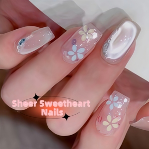 Vente en gros de faux ongles à presser en acrylique de haute qualité, série fleurs françaises, incrustés à la main, formes carrées/coffin/amande, pour pose sur les doigts, 10 paires - Product Image 3