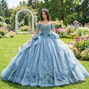 Vestido de Quinceañera Largo hasta el Suelo con Cola de Capilla, Modelo Lsmu176, en Satén Moderno con Estampado Azul para Adolescentes, Jancember - Product Image 1