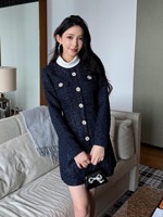 Nouvelle Robe en Tweed Bleu Marine à Paillettes pour Femme, Col Montant, Manches Longues, Boutons Diamantés, Idéale pour le Quotidien et les Trajets Professionnels