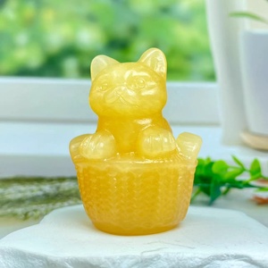 Оптовые натуральные целебные кристаллы в виде резных фигурок животных: кошка в бамбуковой корзине для декора дома - Product Image 6