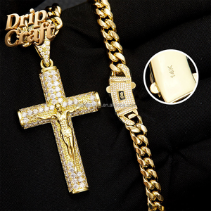 Collar con Colgante de Cruz de Cristo de 14K Estilo Marroquí Hip Hop - Collar de Moda con <span class=keywords><strong>Cadena</strong></span> Cubana de Acero Inoxidable 306L - Product Image 2