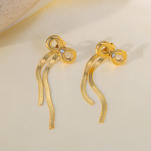 أقراط جديدة طويلة برباط من الفولاذ المقاوم للصدأ 18 قيراط مطلية بالذهب طقم مجوهرات للنساء - Product Image 3