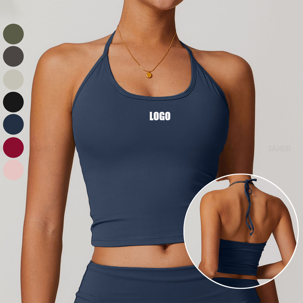 Custom Gym Backless Halter Fitness Workout Nylon Spandex Yoga Impact Sports Bra For Woman