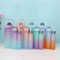 Set Botol Minum Motivasi Gradien 3 Pcs, Bodi PC, Penanda Waktu, Tutup Sedotan, Botol Minum Olahraga Portabel 2000ml 900ml 500ml