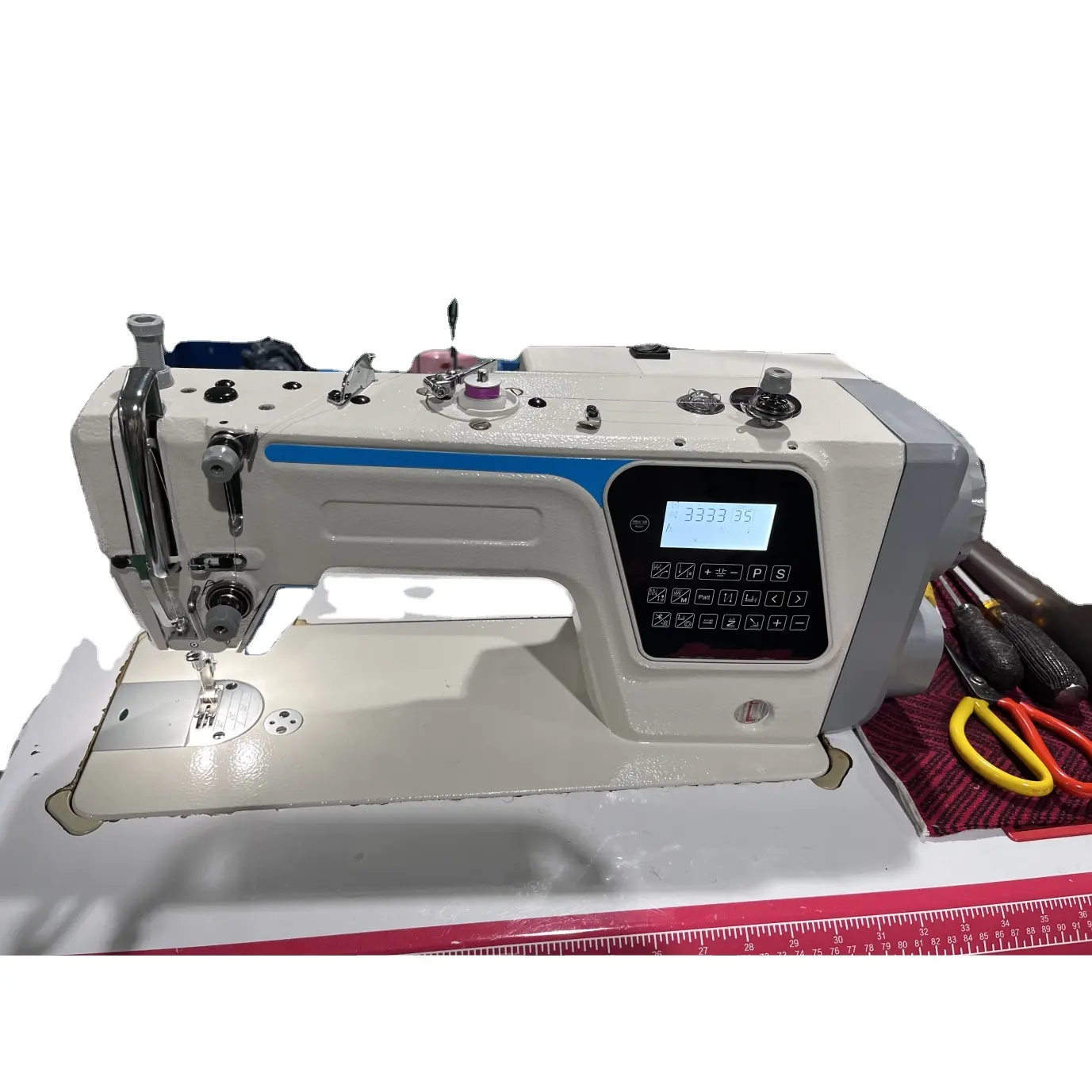 Máquina de coser industrial con mesa, máquina de coser con motor paso a paso, sellado con aceite de tres accionamiento, patrón de ordenador