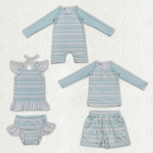 Ensemble de maillots de bain pour frères et sœurs, garçons et filles, bleu clair à rayures, haut à manches longues, short avec fermeture éclair au dos - Product Image 1