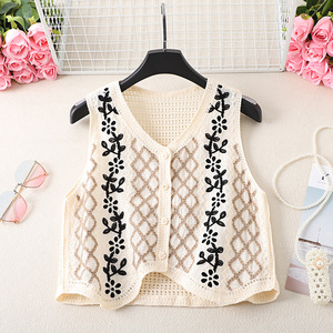 Women Floral Embroidered <strong>Black</strong> Trim <strong>Crochet</strong> Knit Button Down Sleeveless Vest Boho Vintage Openwork Casual Layering <strong>Cardigan</strong> - Product Image 1