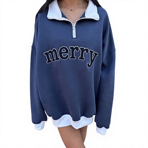 <b>Women</b> <b>Navy</b> Blue Oversized Quarter-Zip Sweatshirt With Merry Letter Print Turn-Down Collar Full Sleeve Knitted Winter Wear - Product Image 1