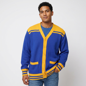Seebi Sports <b>Men's</b> College Blue Yellow V-Neck Thick Double Breasted Button Closure Acrylic Knitwear Winter <b>Cardigan</b> Full Sleeve - Product Image 1