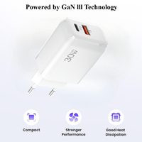 Adaptateur d'alimentation électrique avec prise EU approuvé CE, double port, adaptateurs pour téléphone portable, chargeur rapide type C 30W Gan, bloc mural