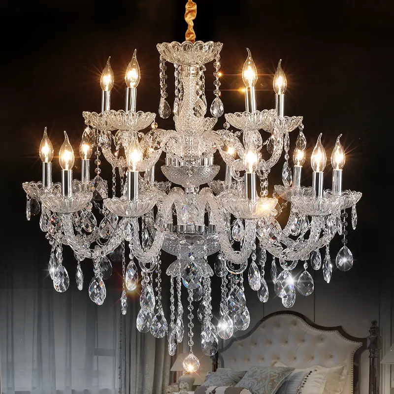 וילה בסגנון אירופאי סלון נברשת יוקרה מלון אולם אירועים חתונה קריסטל נברשת ארבעה-סיפור גדול נר מנורה