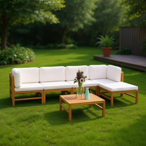 Ensemble de salon de jardin modulaire en teck 6 pièces, mobilier d'extérieur crème, design contemporain - Product Image 2