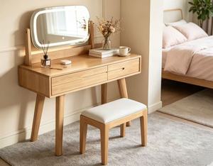 Premium Solid Oak Dressing Table Set Adjustable LED <b>Light</b> <b>Mirror</b> Double Drawer Bedroom Makeup <b>Vanity</b> With Stool - Product Image 4