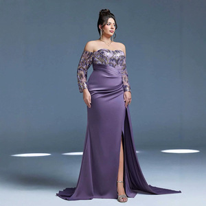 Robes <span class=keywords><strong>de</strong></span> soirée grandes tailles en dentelle violette, épaules dénudées, manches longues, satin, coupe sirène, fente haute, longueur ras du sol, pour <span class=keywords><strong>la</strong></span> mère <span class=keywords><strong>de</strong></span> <span class=keywords><strong>la</strong></span> mariée - Product Image 3