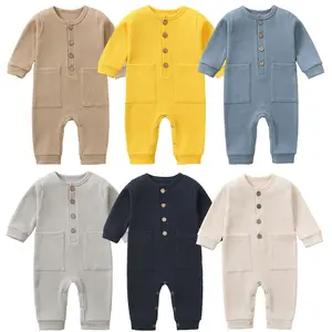 Primavera Baby Sleepwear crescita tute per bambini tinta unita pagliaccetto per neonati a maniche lunghe con tasca