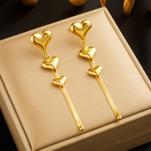 Heart Shape Drop Earrings Gold Plated <b>Titanium</b> Steel Long <b>Chain</b> Tassel Fashion Jewelry Gift For Women - Product Image 1