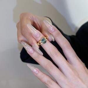 Anillo de Plata de Ley S925 con Diamantes de Estilo Vintage, Color Verde Lago Morandi, Verde Oscuro, Incrustaciones de 18K, Diseño Retro de Lujo Ligero con Estrellas - Product Image 3