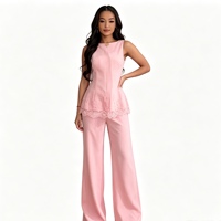 Ensemble coordonné 2 pièces pour femme : Haut sans manches à ourlet en dentelle florale et pantalon évasé, avec étiquette personnalisée Sehe Fashion