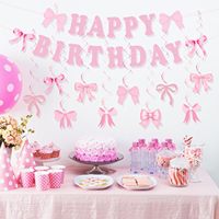 Ensemble de décoration d'anniversaire avec nœud rose, bannière Joyeux Anniversaire, guirlande en papier, décoration suspendue en spirale pour l'intérieur