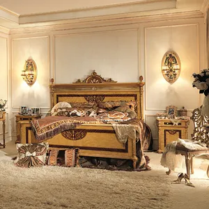 Gaya Inggris rumah Manor Inggris kamar buatan tangan timbul kayu Veneer ukuran King tempat tidur kayu Solid antik daun emas tempat tidur ganda