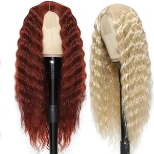 Wig sintetik panjang gelombang dalam rambut untuk hitam wanita bagian tengah 28 inci warna Wig tahan panas Wig tanpa lem