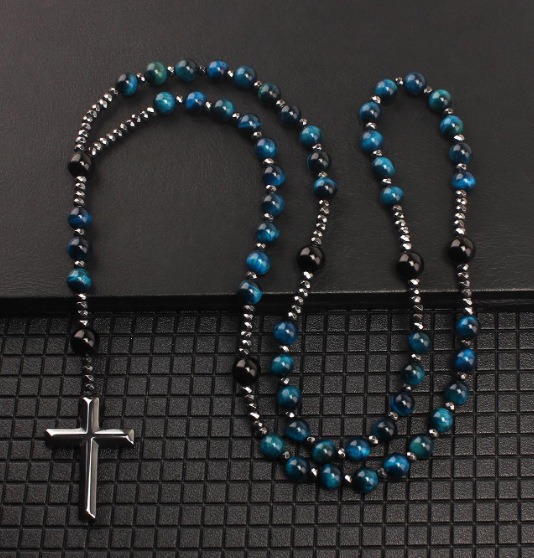 8mm Lake Blue Tiger Eye+Black Gallstone Cross