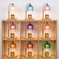 Lampe chauffe-cire en verre multicolore en forme de tulipe, à hauteur réglable et intensité variable, sans flamme, avec base en bois pour la décoration intérieure