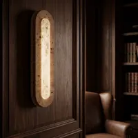 Applique murale LED de luxe en albâtre naturel, cadre ovale long en laiton, lumière à intensité variable pour chambre, couloir, villa, décoration intérieure