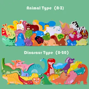 益智玩具拼图a至Z 0至20字母和数字学习木制动物和恐龙木制俄罗斯方块3D木材/