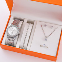 Ensemble LP13 de 5 montres à quartz coréennes décontractées pour femmes avec bracelet en acier, colliers, bagues, boucles d'oreilles et bracelets de luxe – Coffret cadeau cinq pièces