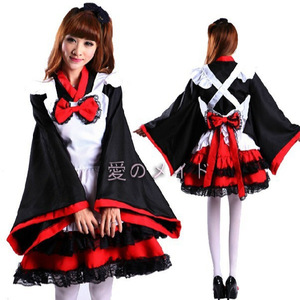 Maid Outfit Black Red Polyester Cosplay Costume Anime Role Play Dress Women's - Product Image 1