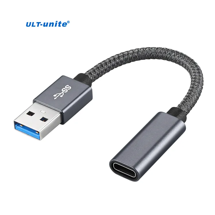 ULT-unite 8cm Grey Black Braided USB A Male To USB C Female Cable