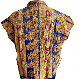 Chaqueta Étnica Reversible de Manga Corta, Multicolor, con Estampado Floral, 100% Algodón, Transpirable, con Costuras Kantha Tradicionales Indias - Product Image 3