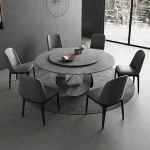 Table à manger ronde moderne en pierre frittée avec plateau en marbre noir Lazy Susan, base en métal, 6-8 places, mobilier de restaurant de luxe - Product Image 5