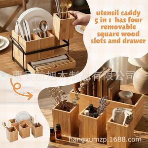 Bamboo Tableware <b>Storage</b> Rack With <b>Drawers</b> And Partitions For Kitchen <b>Desktop</b> Organizer Standing Type Rectangle Solid Color - Product Image 3