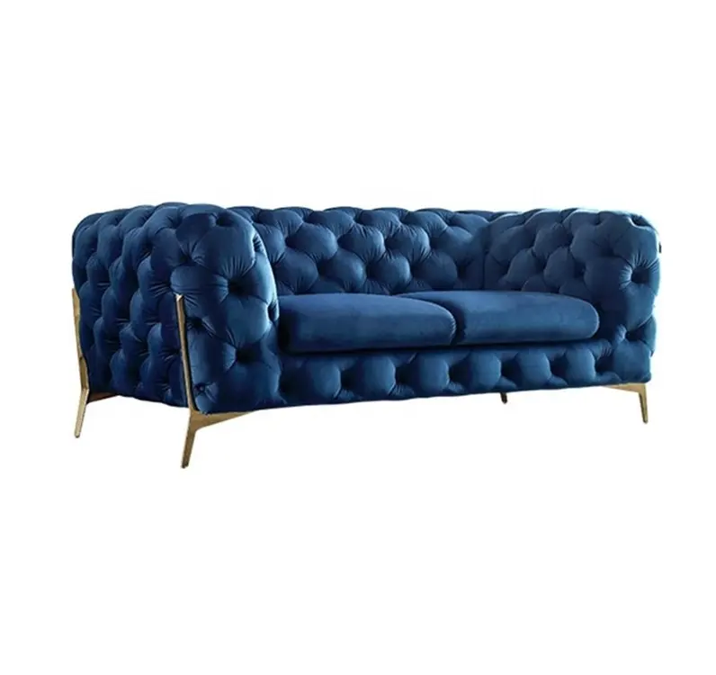 Gaya Italia Modern Sofa Mewah Furnitur Ruang Tamu Kaki Besi Sofa Beludru Biru Chesterfield